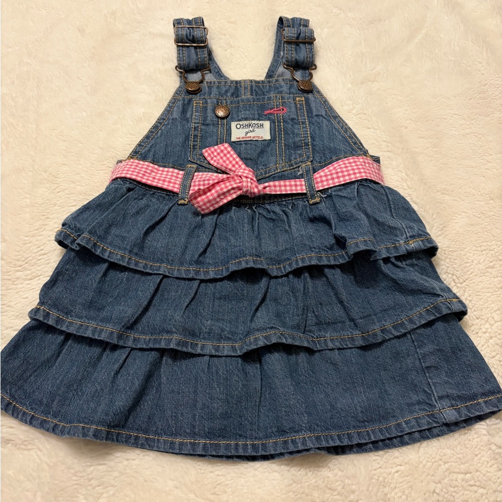 OshKosh Denim Ruffle Overall Dress with Pink Gingham Belt